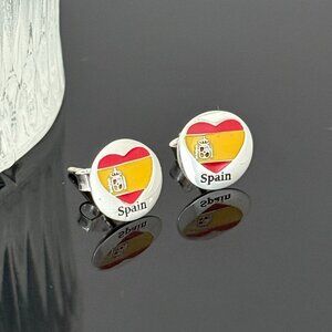 Spain Heart Flag Earrings S925 Sterling Silver Handmade Ear Stud
